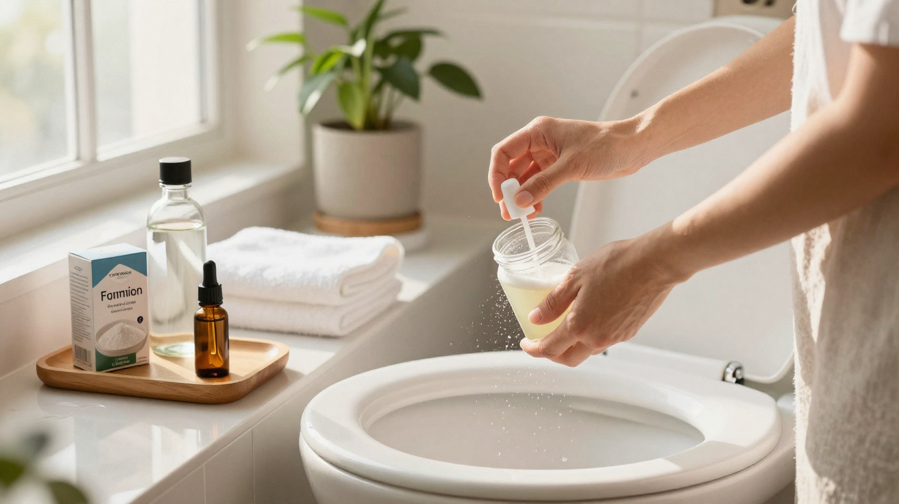 Pessoa aplicando produto em pó caseiro para limpeza no vaso sanitário branco, ao lado produtos e toalhas.