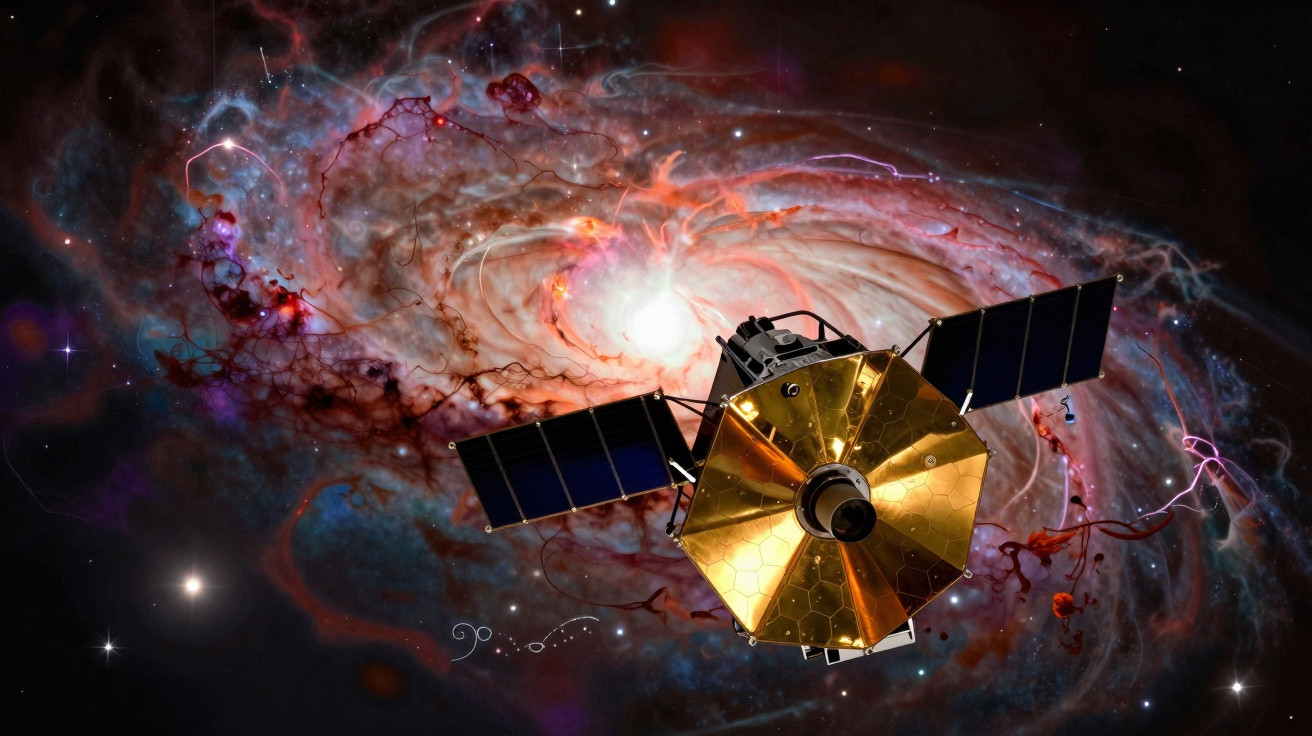 Satélite dourado com painéis solares flutua no espaço diante de galáxia colorida e nebulosa.