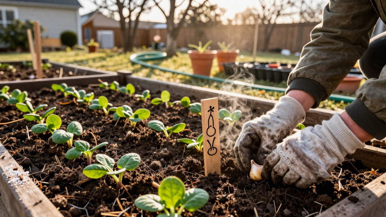 Mãos com luvas plantando alho em canteiro de jardim com mudas verdes ao entardecer.