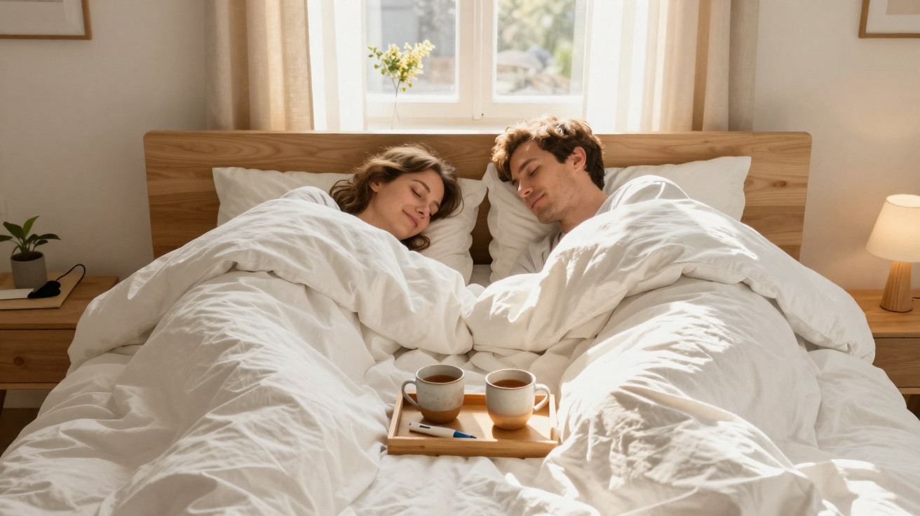 Casal dormindo na cama cobertos por edredom branco com duas xícaras de café em bandeja no meio.