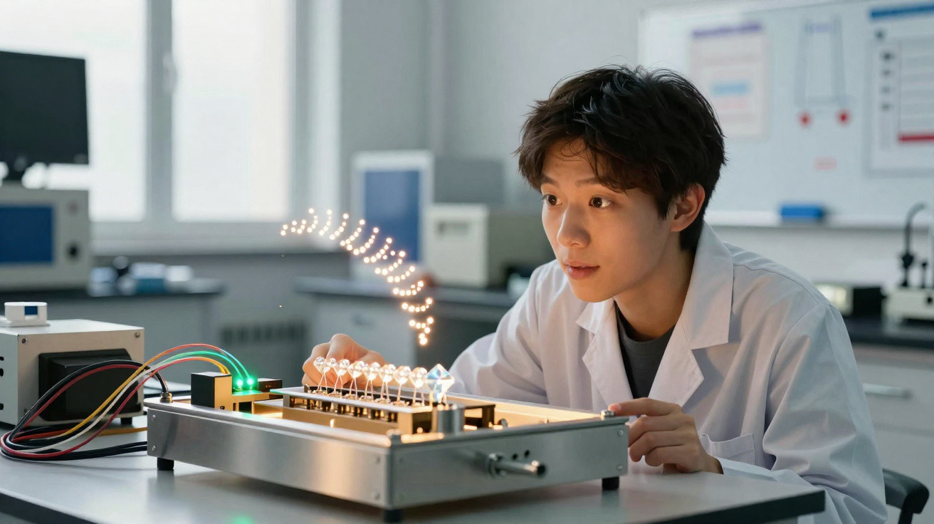 Jovem cientista em laboratório observando experimento com circuito eletrônico e luzes piscando.