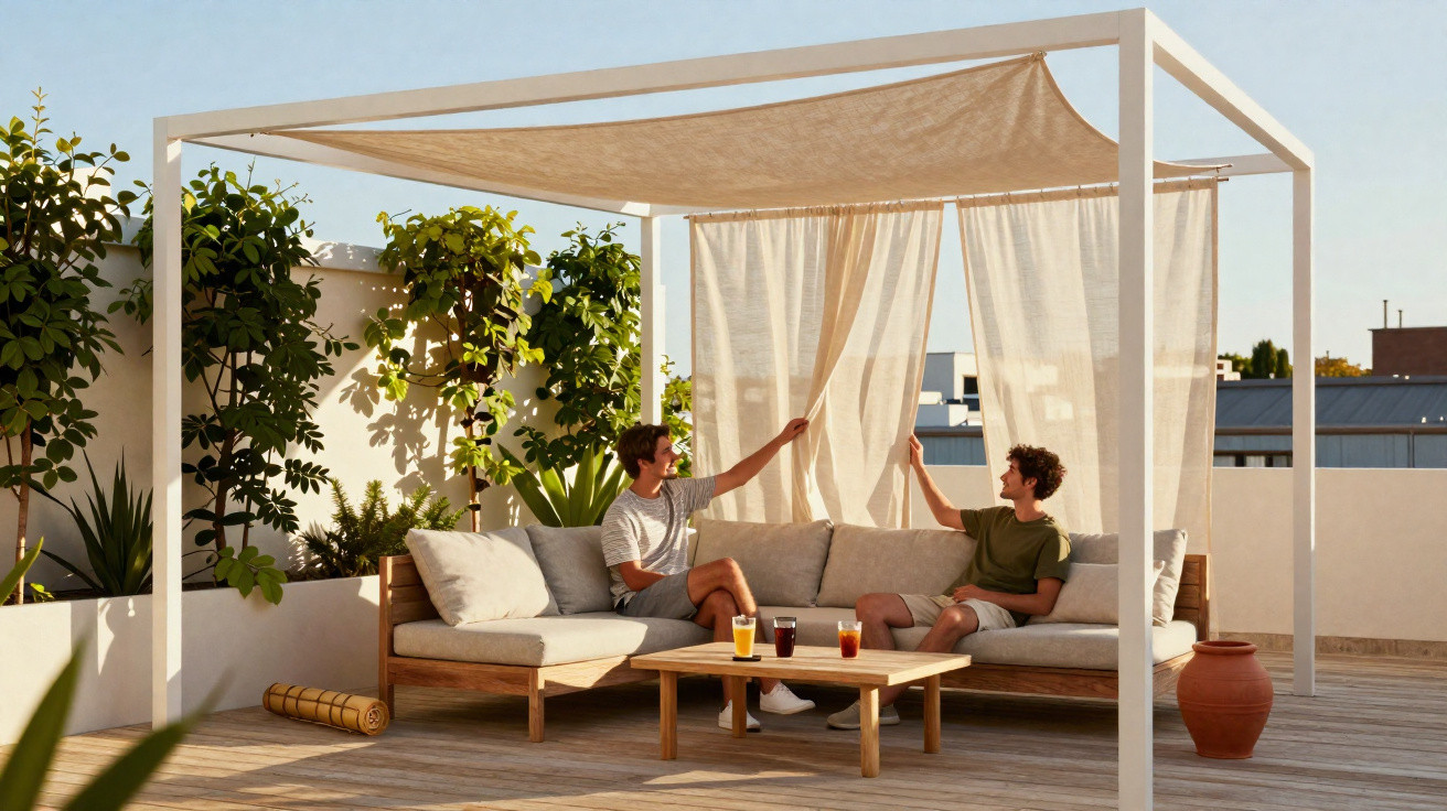 Dois homens relaxando em sofá sob pergolado com cortinas em varanda com plantas e bebidas sobre mesa de madeira.