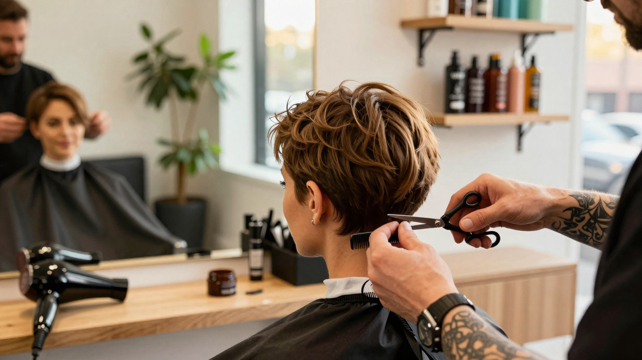 Pessoa com cabelo curto sendo cortada por cabeleireiro em salão de beleza moderno.