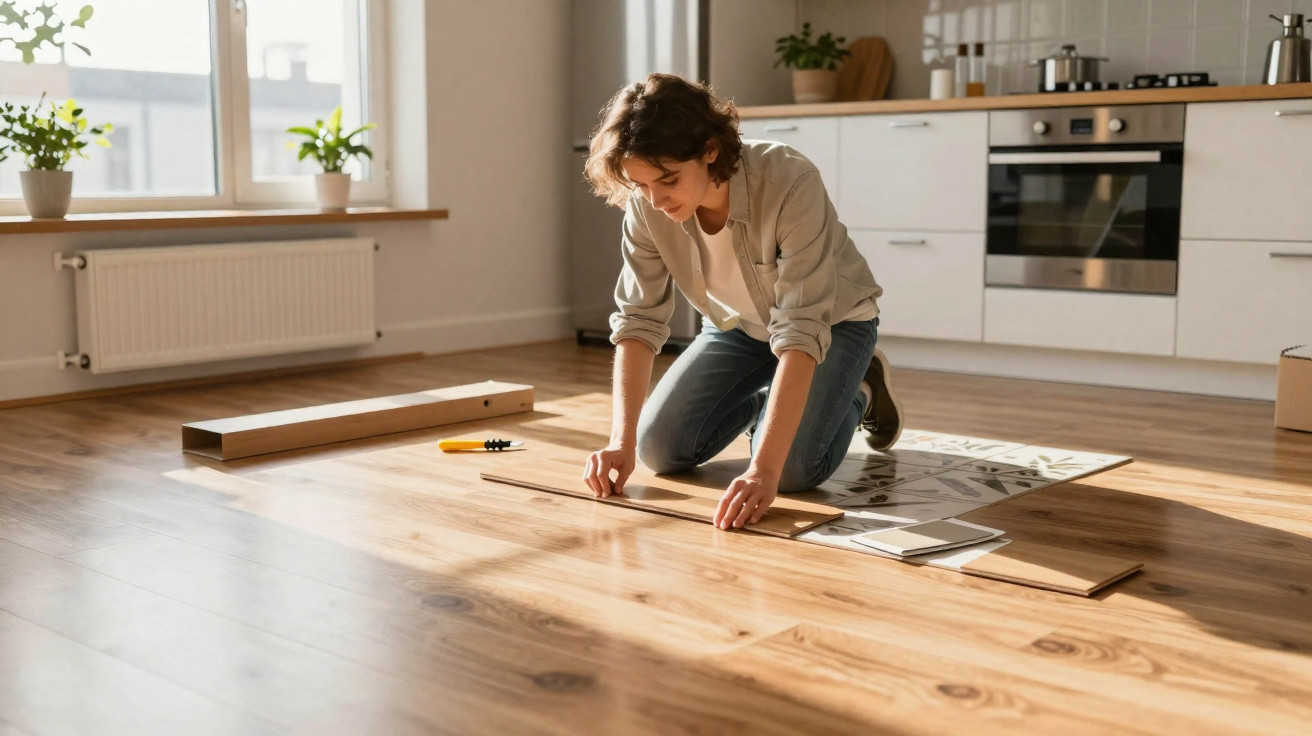 Pessoa jovem instalando piso laminado em ambiente de cozinha iluminada pela luz natural.
