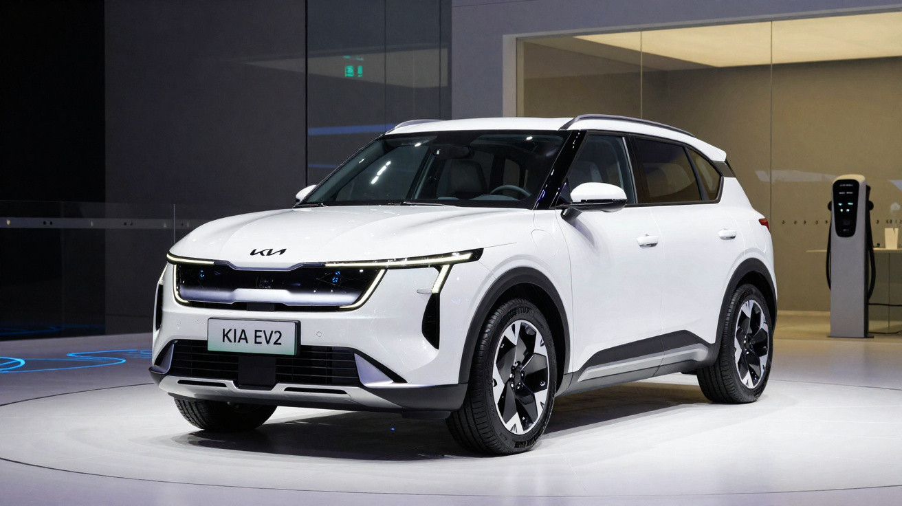 Carro elétrico branco Kia EV2 exibido em ambiente interno com ponto de carregamento ao fundo.