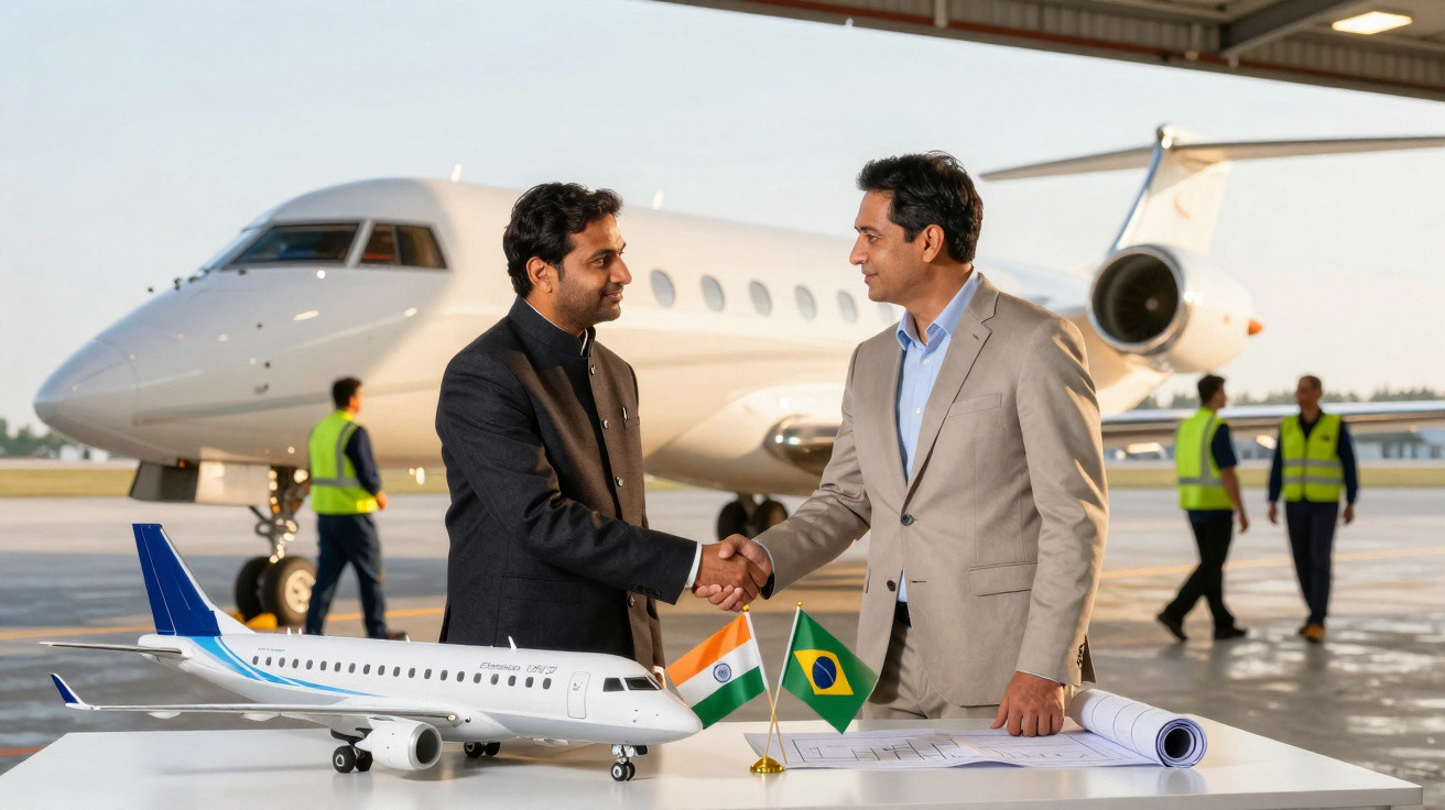 Dois homens apertando as mãos em um aeroporto, com miniaturas de avião e bandeiras da Índia e Brasil sobre a mesa.