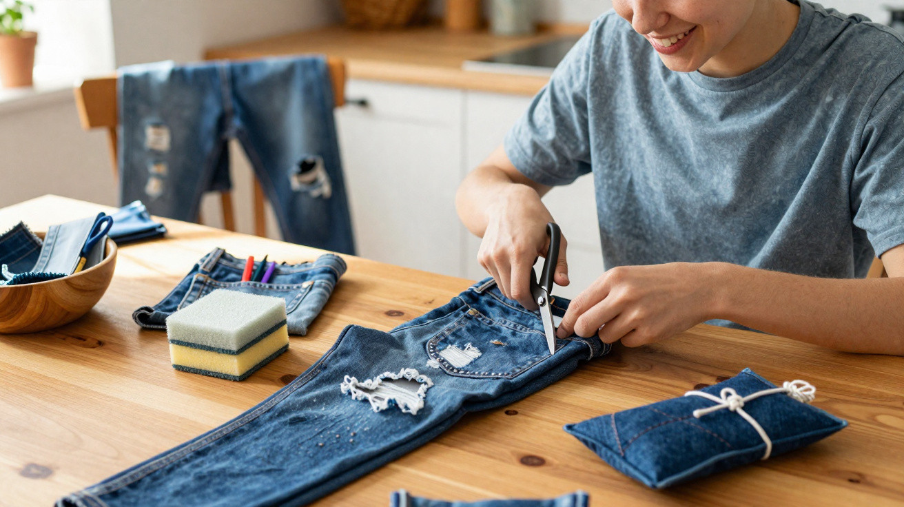 Pessoa cortando com tesoura calça jeans rasgada sobre mesa de madeira em ambiente claro e acolhedor.