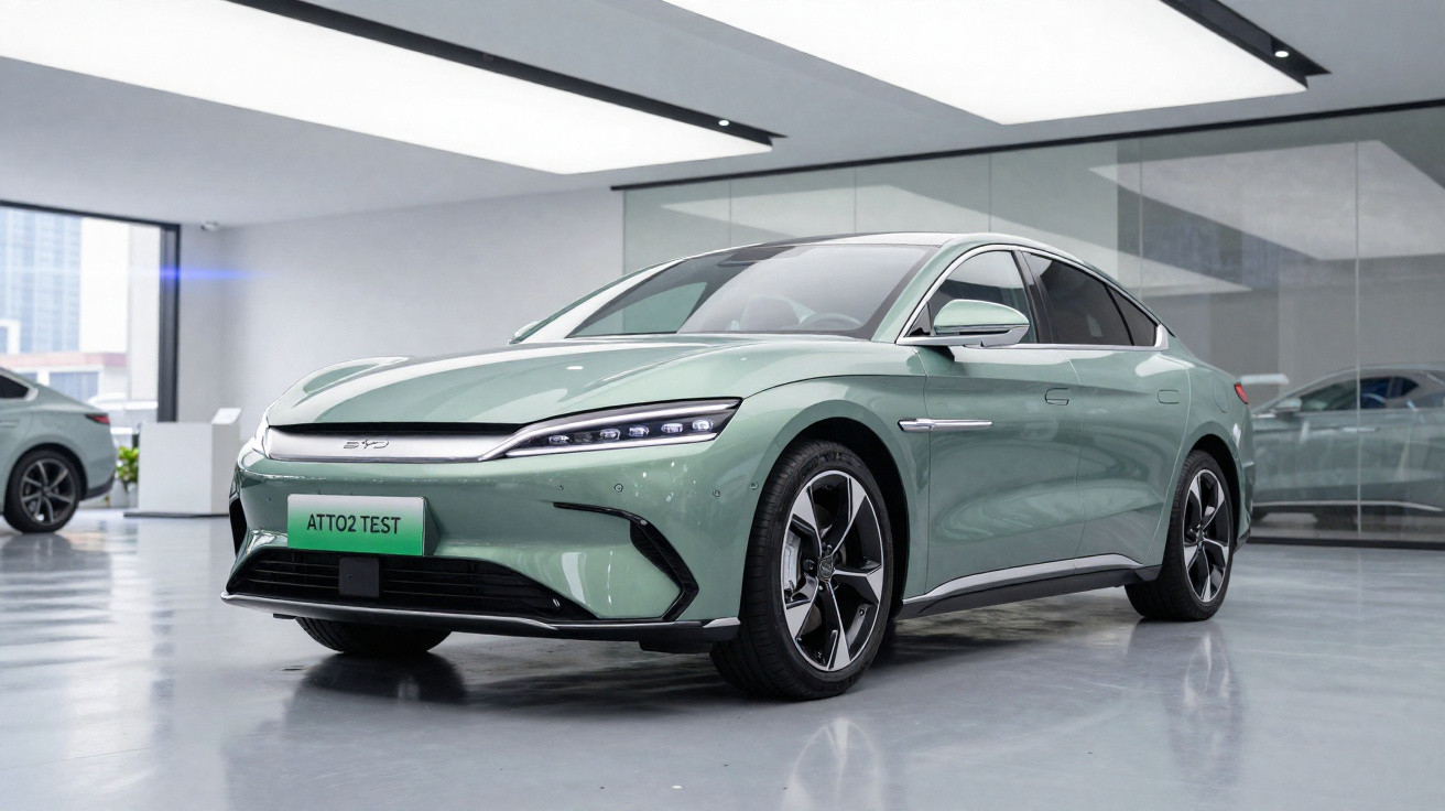 Carro elétrico sedã verde em showroom moderno com teto branco e parede de vidro ao fundo.