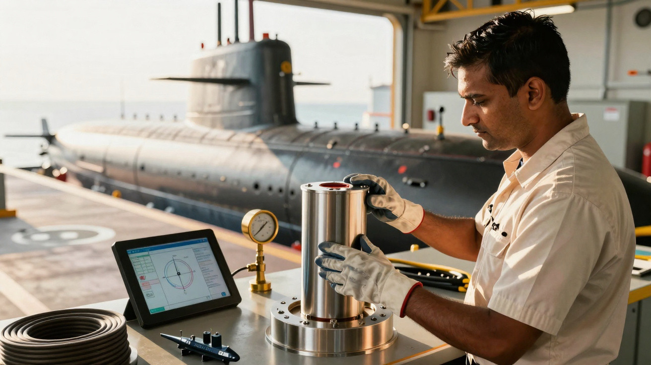 Homem com luvas trabalha em equipamento ao lado de submarino em doca industrial iluminada.
