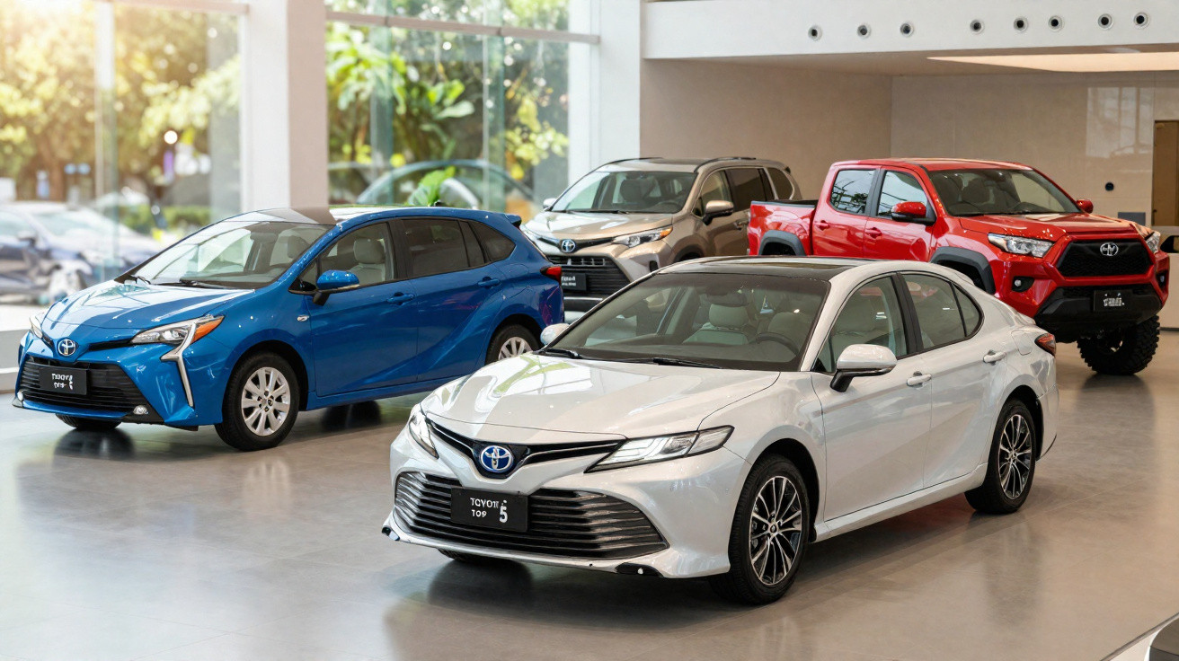 Interior de concessionária com quatro carros Toyota expostos: sedã branco, hatch azul, SUV prata e picape vermelha.