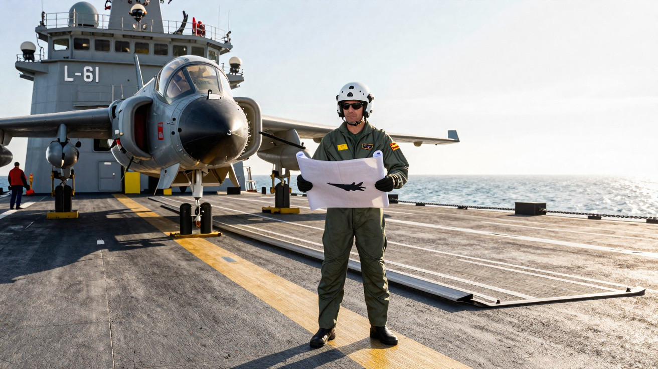 Homem vestido com uniforme militar e capacete segurando plano diante de caça em convés de porta-aviões.