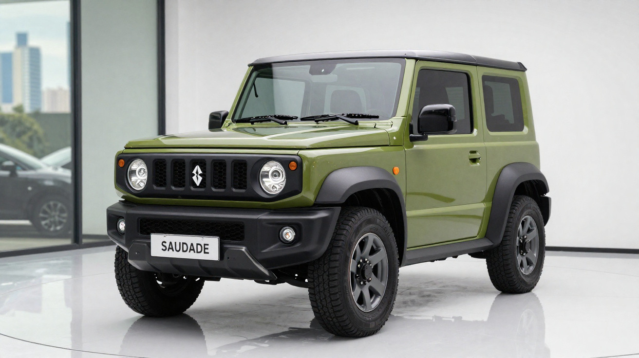 Carro SUV verde militar estacionado em ambiente interno com parede branca ao fundo.