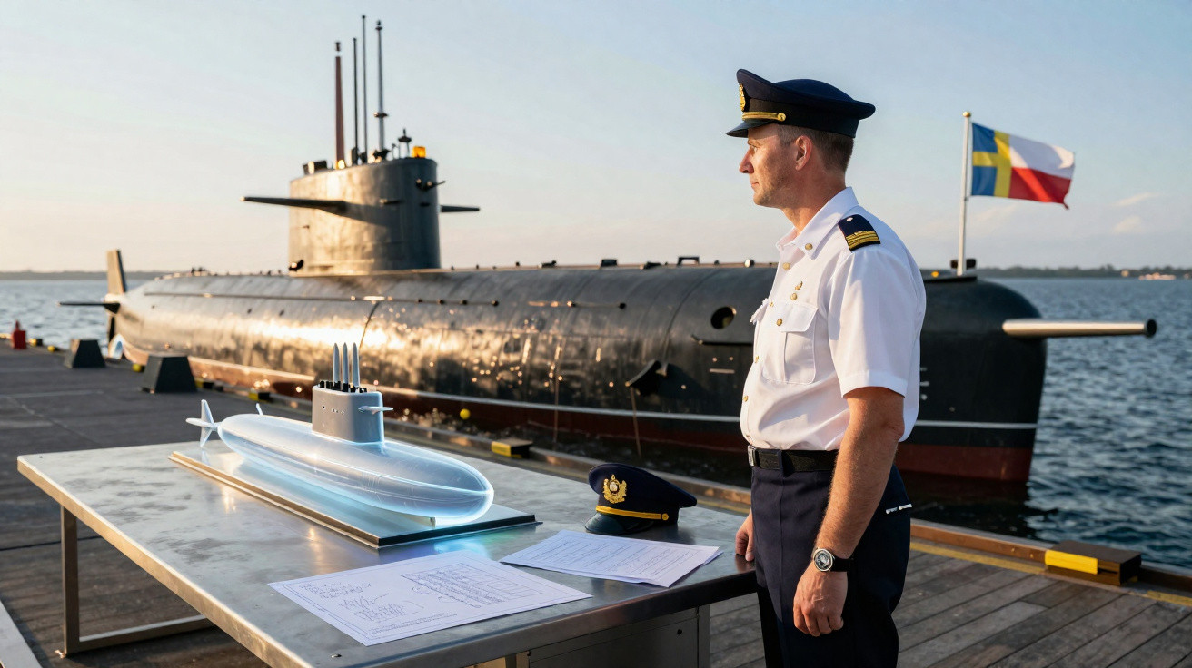 Oficial naval observa submarino ancorado enquanto modelo e documentos estão em uma mesa próxima ao cais.