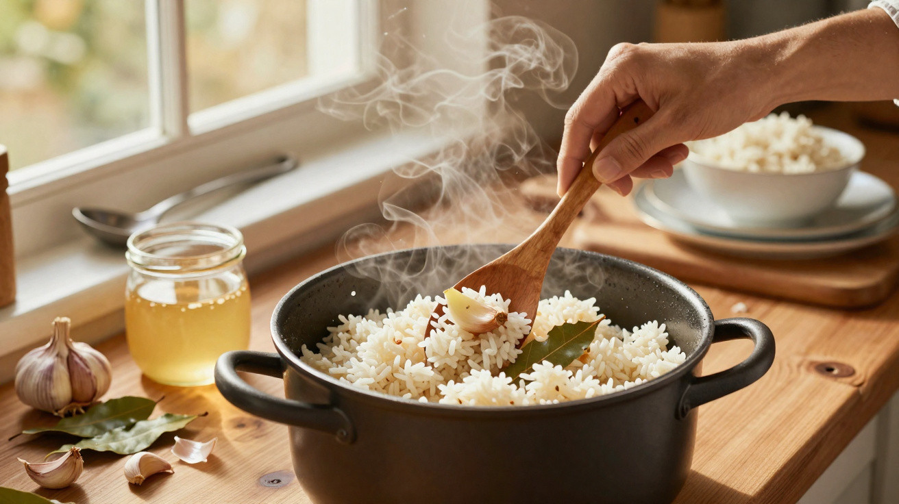 Mão mexendo arroz com folha de louro e alho em panela preta fumegante sobre bancada de madeira.