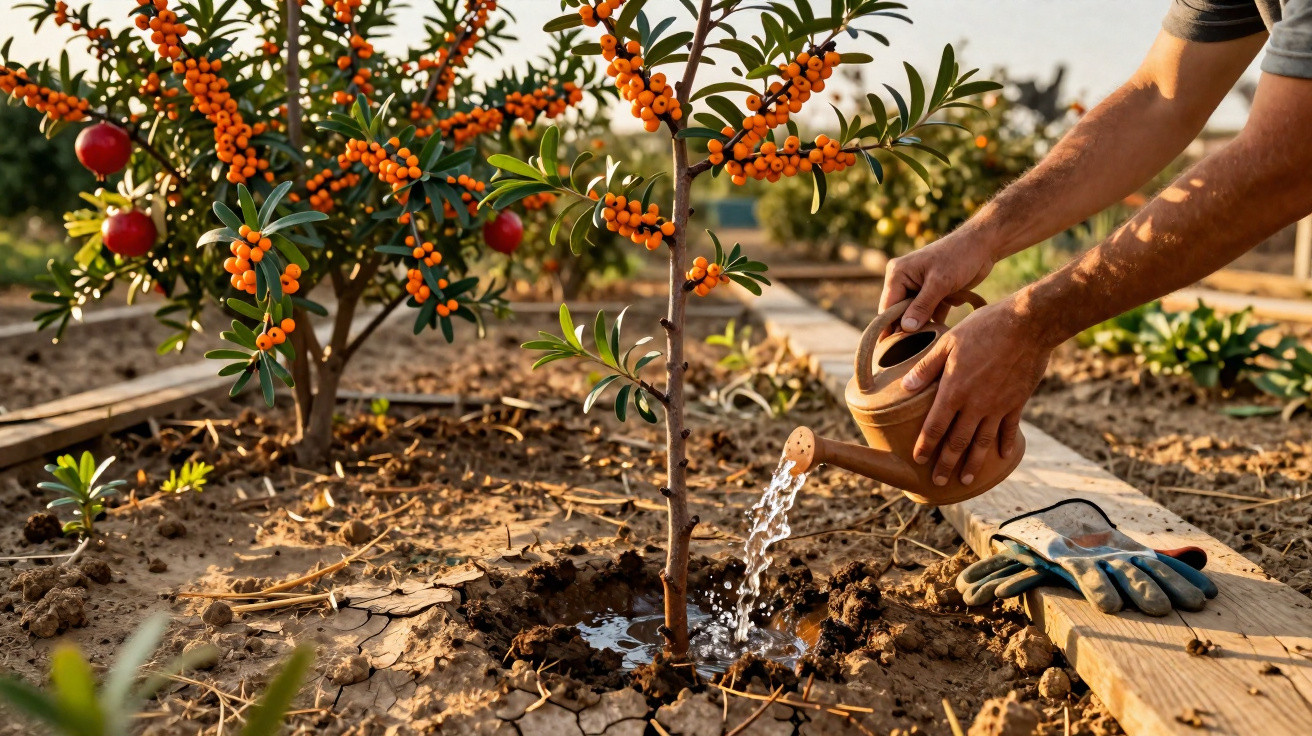 Pessoa regando muda de árvore com frutos laranjas em horta ensolarada, com luvas ao lado.