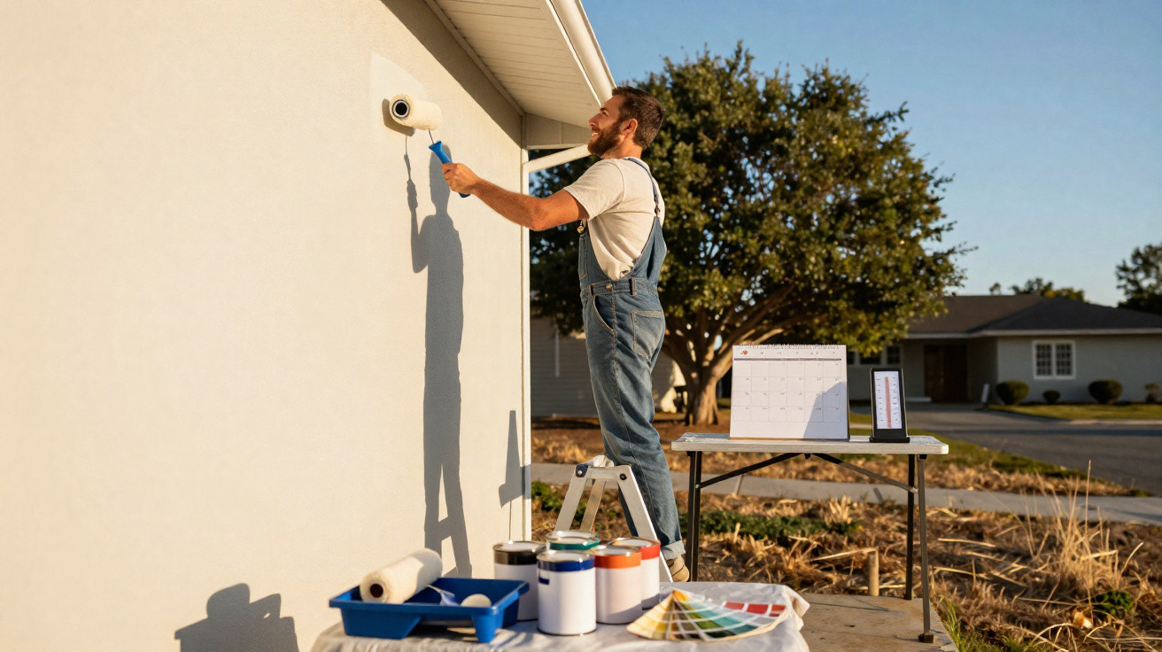 Homem em macacão pintando a parede externa de casa com rolo sob luz do dia.