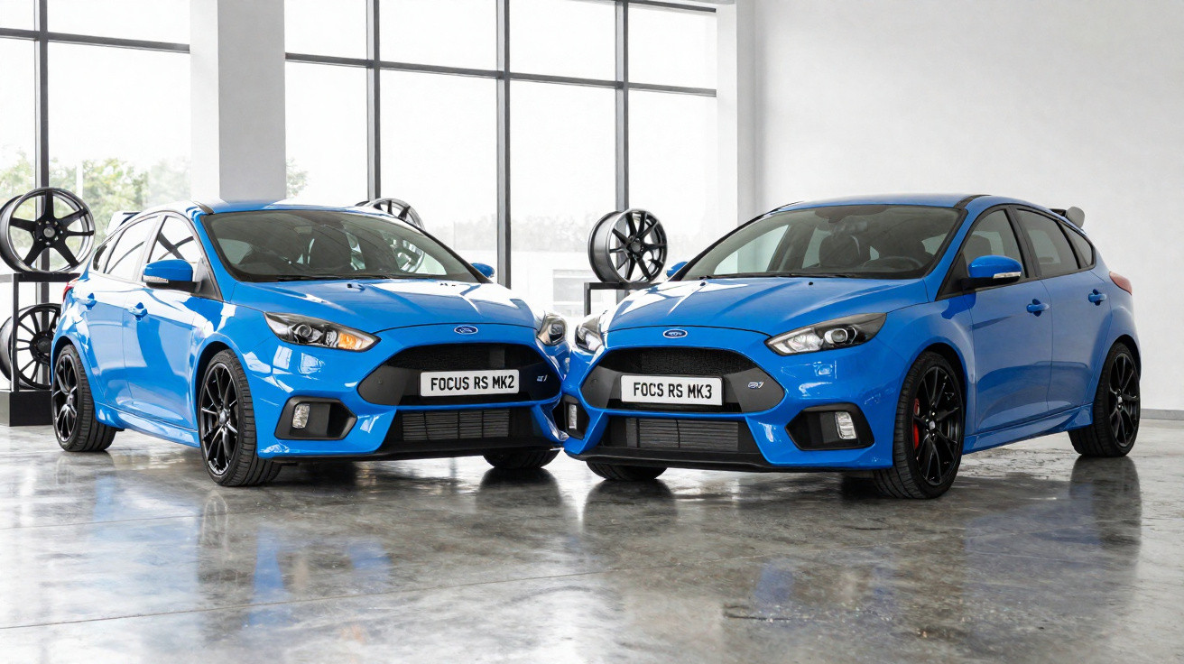 Dois carros Ford Focus RS azuis, modelos MK2 e MK3, em garagem com rodas expostas ao fundo.