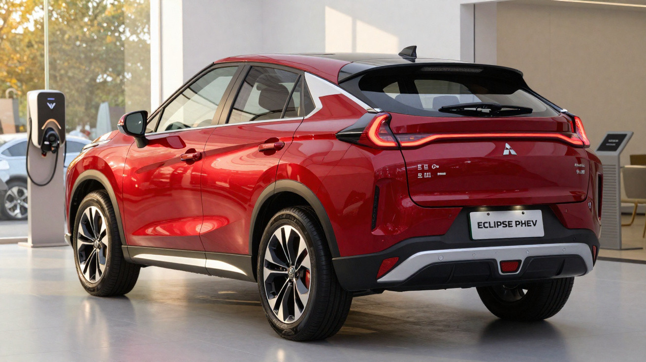 SUV vermelho Mitsubishi Eclipse PHEV elétrico carregando em estação interna moderna.