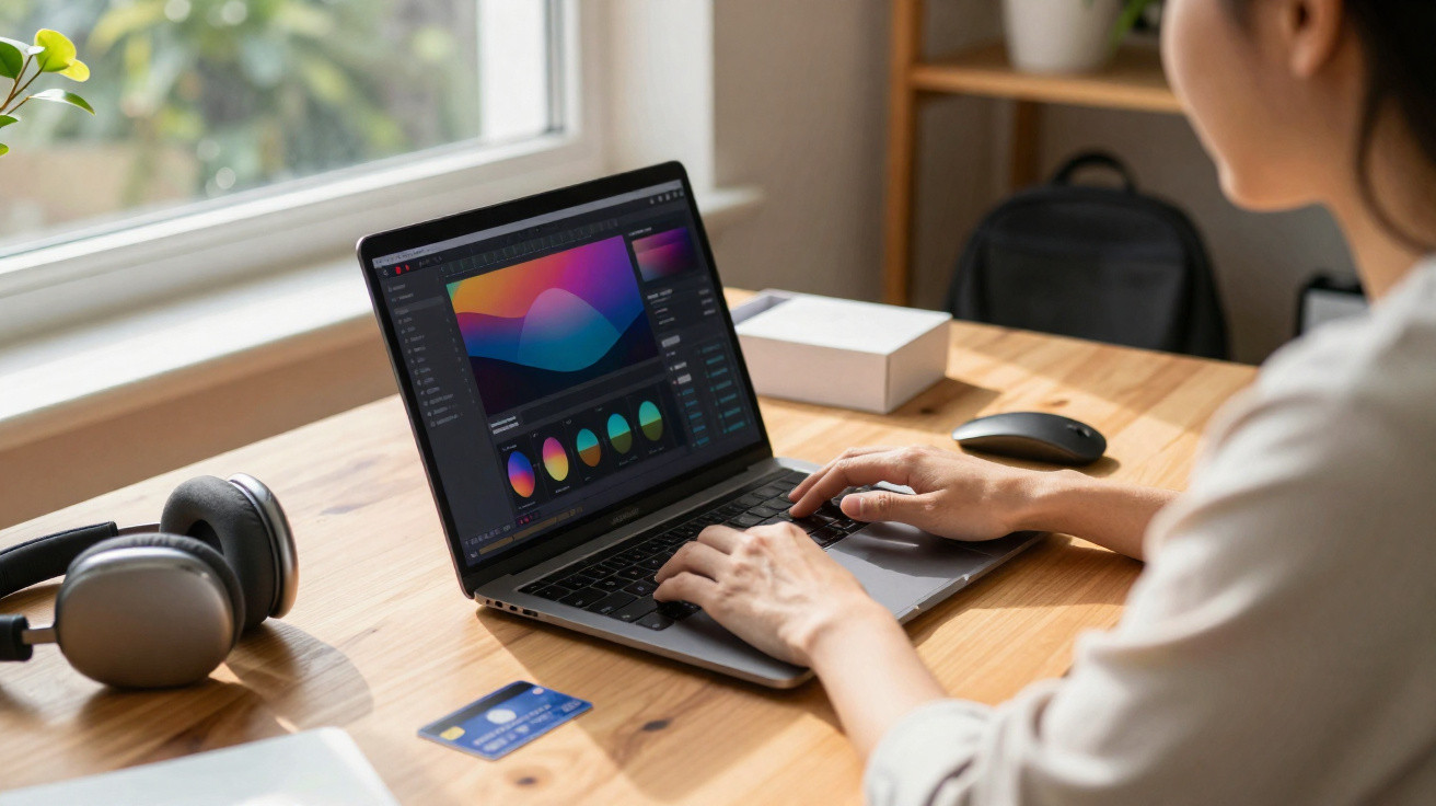 Pessoa usando laptop para editar gráficos de cores em mesa de madeira com fones e cartão.