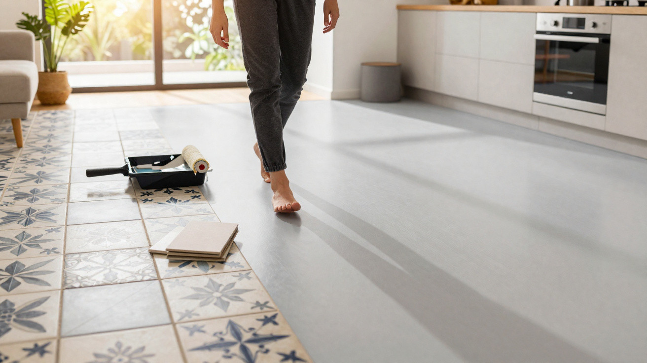 Pessoa caminhando descalça sobre piso cinza ao lado de azulejos com padrão azul e branco em cozinha clara.