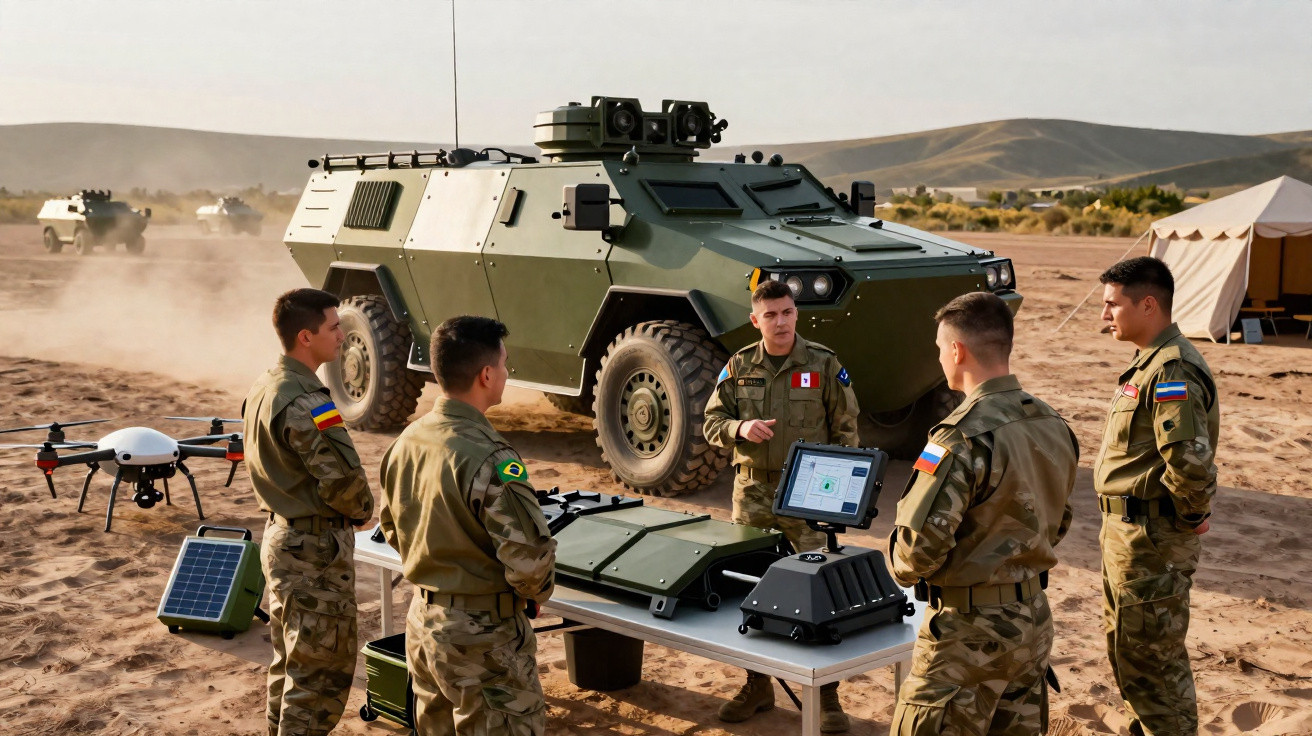 Militares de diferentes países em treinamento com drone e veículo blindado em área desértica.