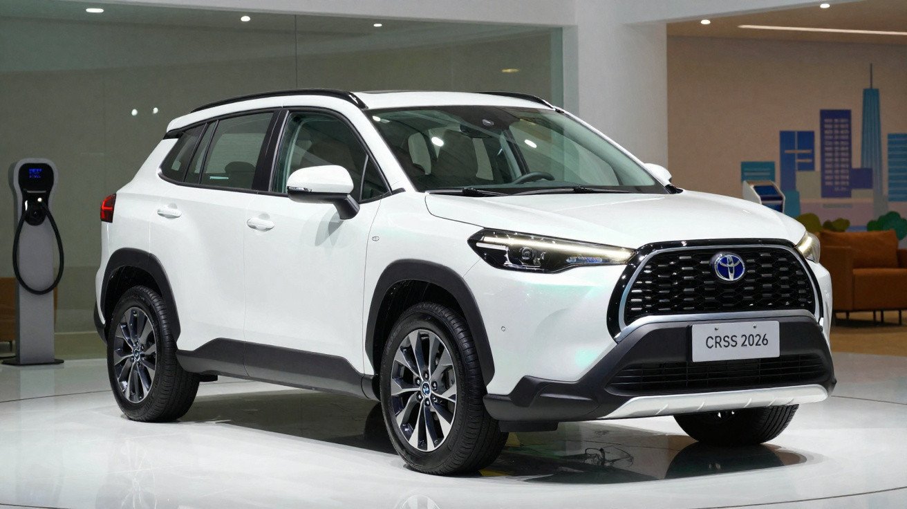 SUV branco da Toyota CRSS 2026 exposto em ambiente interno com estação de carregamento elétrico ao fundo.