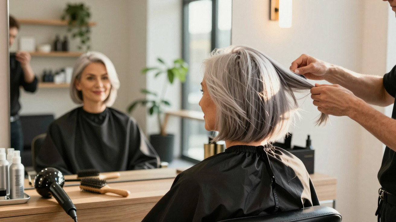 Mulher com cabelo grisalho cortado em salão de beleza, vendo seu reflexo no espelho enquanto estilista mexe no cabelo dela.