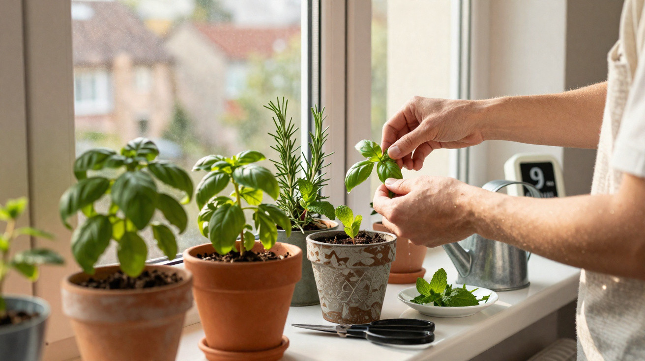 Mãos cuidando de plantas em vasos na janela, com tesoura, regador e folhas verdes.