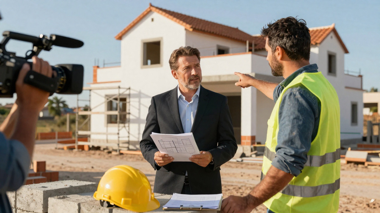 Engenheiro e construtor discutem planta de casa em construção, enquanto cinegrafista grava cena.