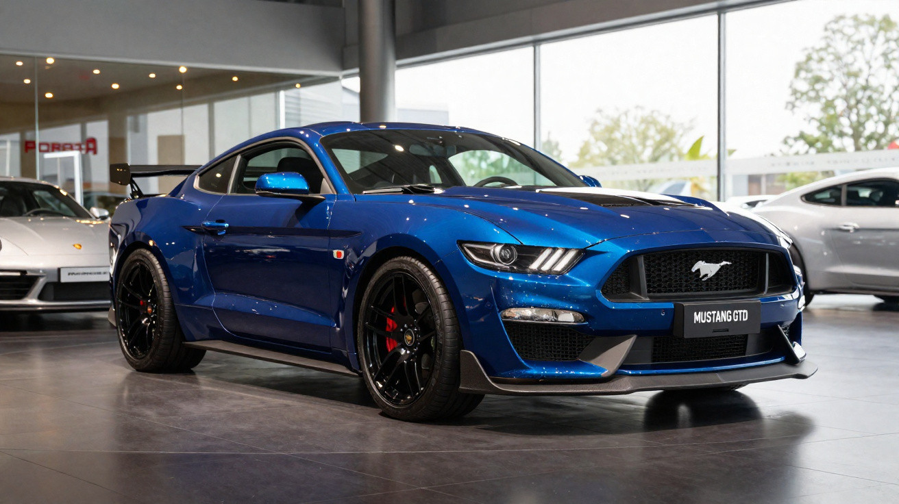 Carro esportivo azul Ford Mustang GTD estacionado em showroom com piso refletivo e janelas grandes ao fundo.