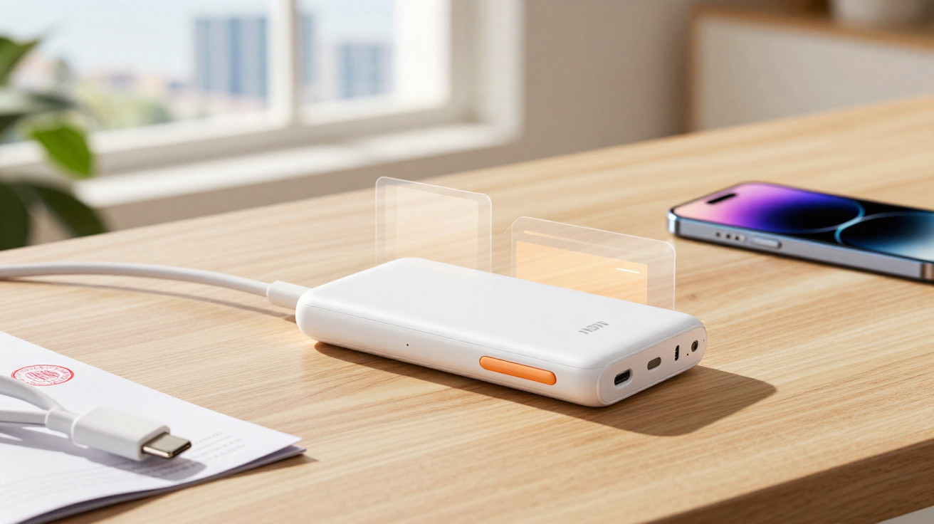 Power bank branco com detalhes laranja carregando um celular moderno sobre mesa de madeira clara.
