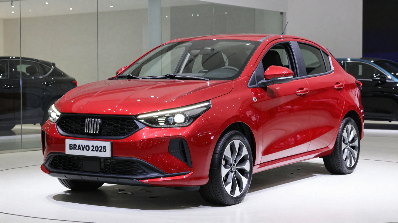Carro hatch vermelho Fiat Bravo 2025 exibido em salão de automóveis com luz branca e fundo cinza.