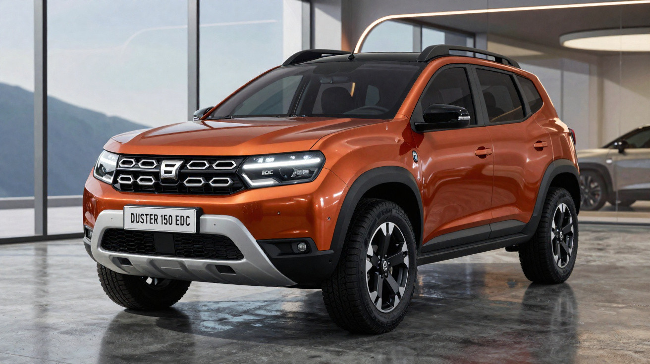 Carro SUV Duster 150 EDC na cor laranja estacionado em showroom moderno com piso cinza.
