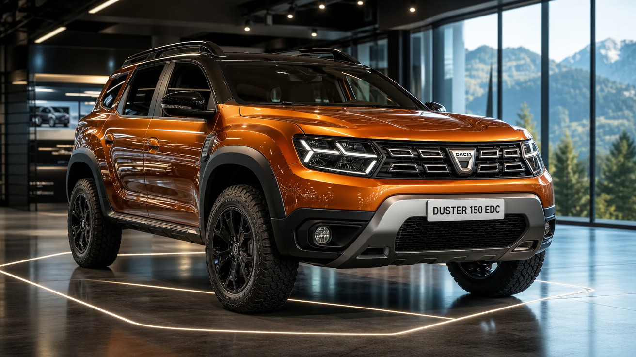 SUV Dacia Duster 150 EDC na cor laranja, em ambiente interno com janelas grandes e vista para montanhas.