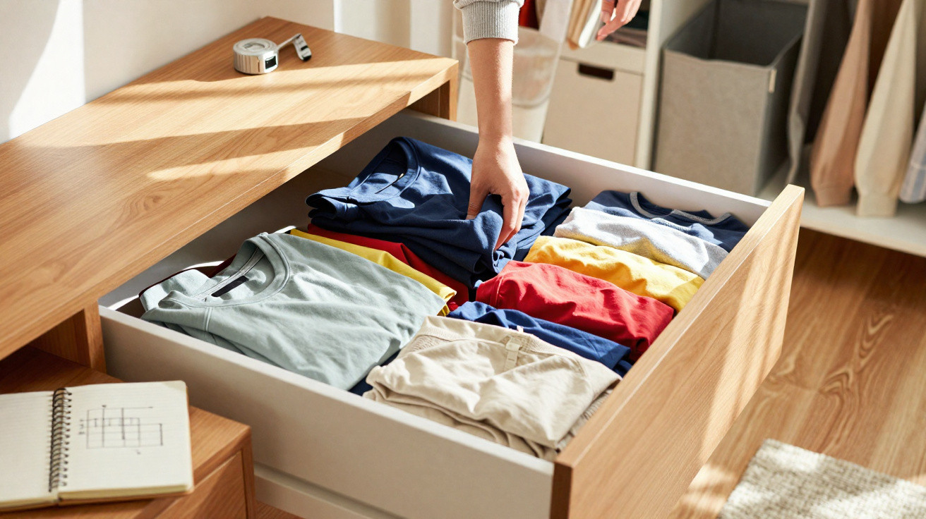 Gaveta aberta com camisetas organizadas por cores e uma pessoa arrumando as roupas em quarto iluminado.
