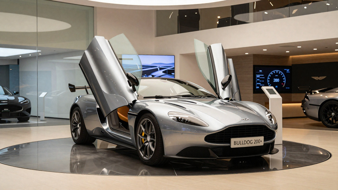 Carro esportivo cinza com portas abertas para cima em exposição em showroom moderno.