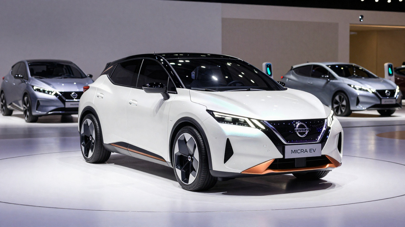 Carro elétrico branco Nissan Micra EV exposto em salão automotivo com outros carros ao fundo.