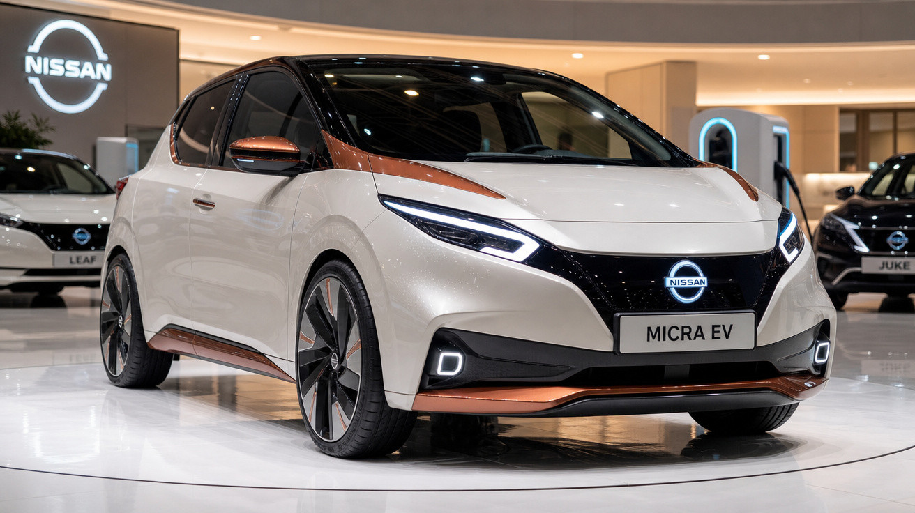 Carro elétrico Nissan Micra EV branco com detalhes em cobre em exposição em showroom.