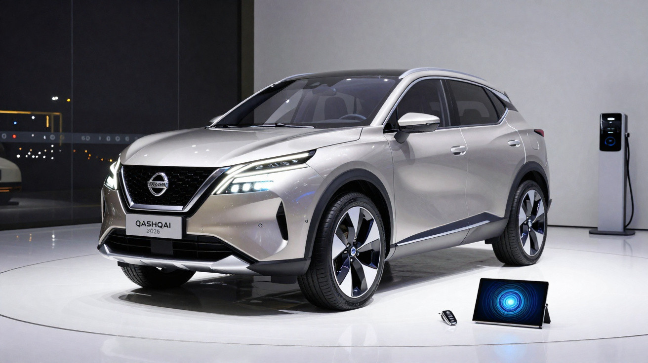 Carro SUV elétrico Nissan Qashqai 2026 prateado exibido em ambiente interno moderno.