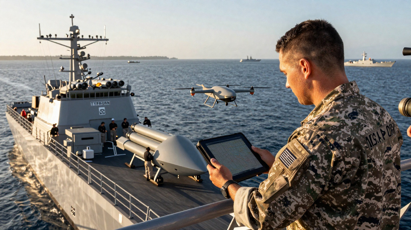 Militar operando drone próximo a embarcação naval em mar aberto durante o dia.