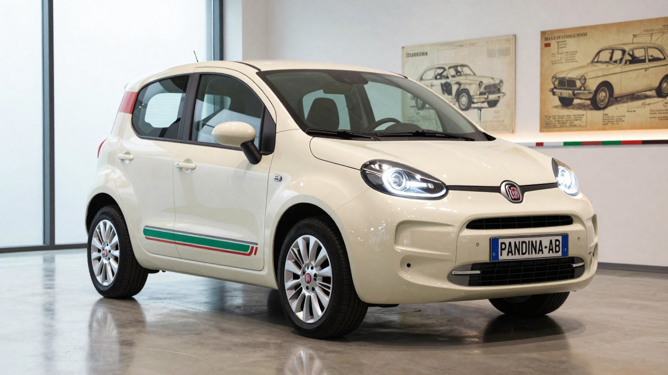 Carro Fiat branco modelo pequeno com faixa nas cores da Itália, exibido em showroom com desenhos automotivos ao fundo.