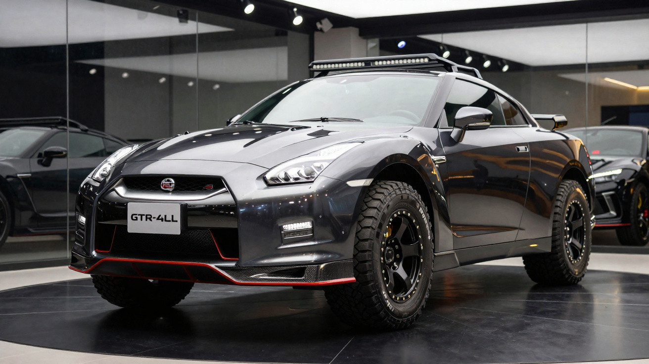Carro esportivo Nissan GTR-4LL preto com pneus off-road em exposição interna moderna.