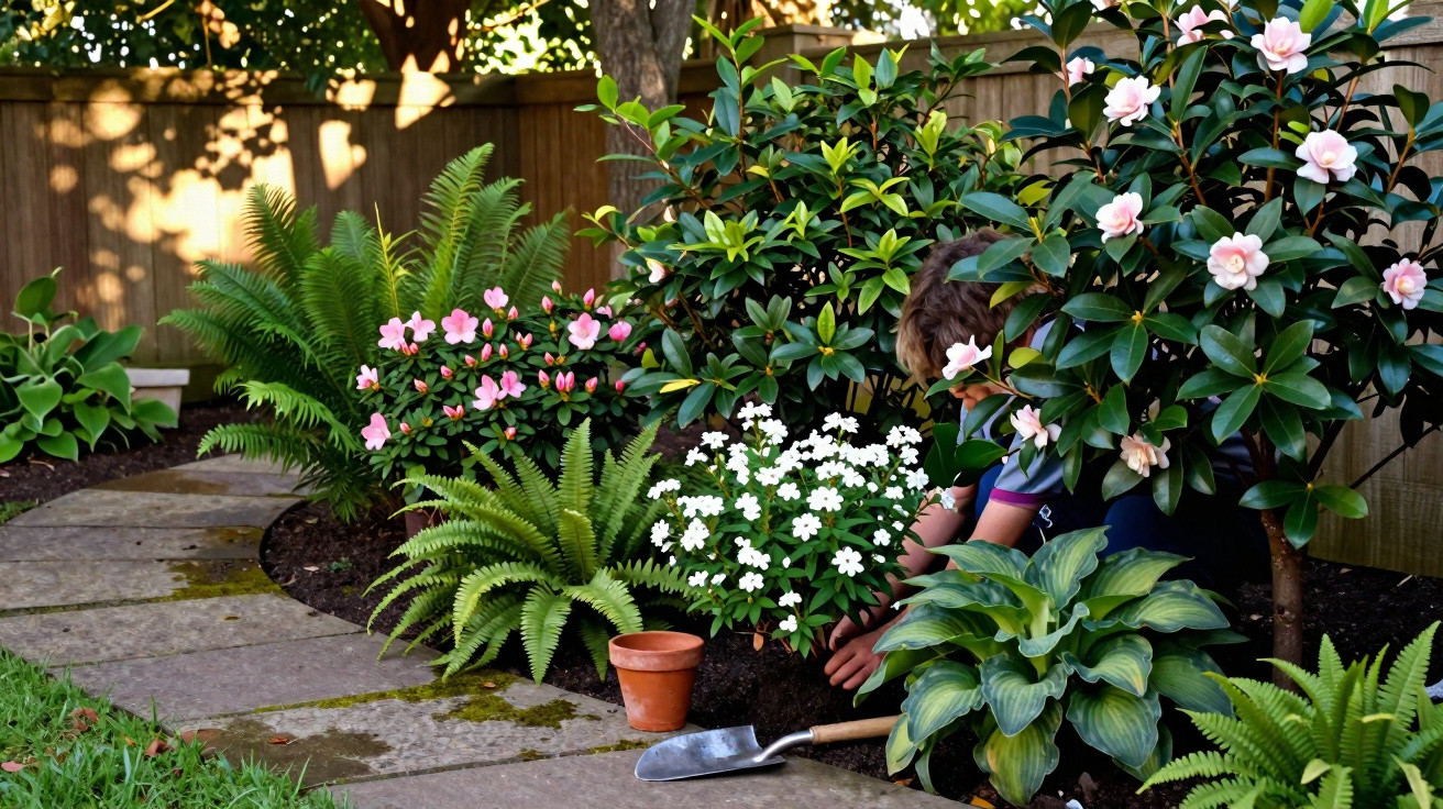 Pessoa cuidando de flores brancas e rosas em jardim com samambaias e plantas em vaso de barro.