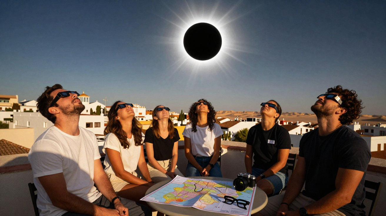 Seis pessoas com óculos especiais observam um eclipse solar total em área urbana ensolarada.