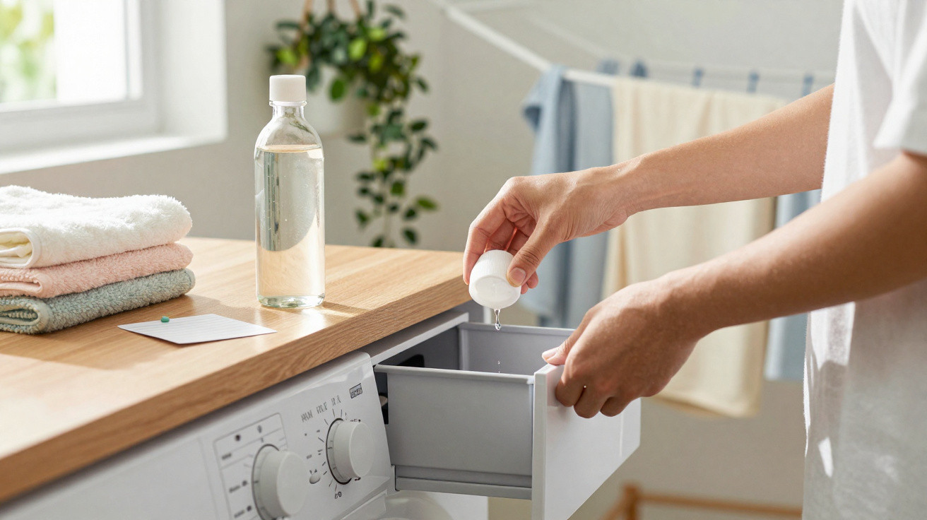 Pessoa colocando detergente na máquina de lavar roupas em ambiente claro com toalhas e garrafa na bancada.