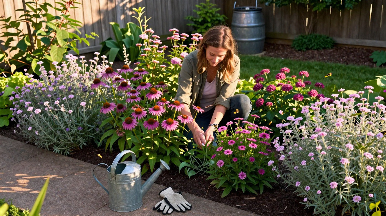 Mulher cuidando de flores coloridas em jardim ao ar livre com regador e luvas ao lado.