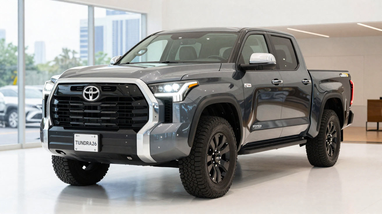 Picape Toyota Tundra cinza escuro em um showroom moderno, com iluminação suave.