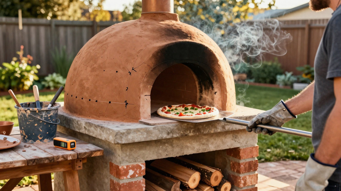 Forno a lenha externo com pizza sendo colocada por homem usando luva térmica em ambiente de quintal.