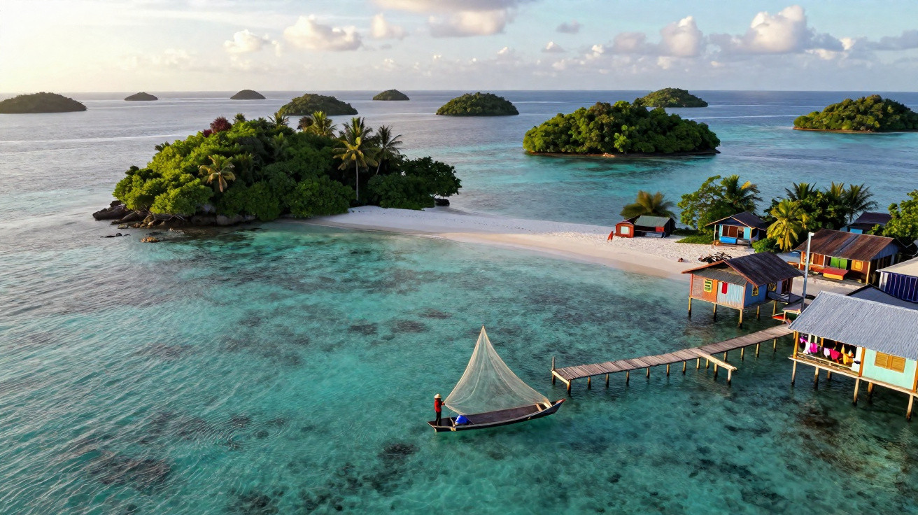 Arquipélago com pequenas ilhas verdes, mar azul cristalino e barco de vela perto de casas à beira da água.