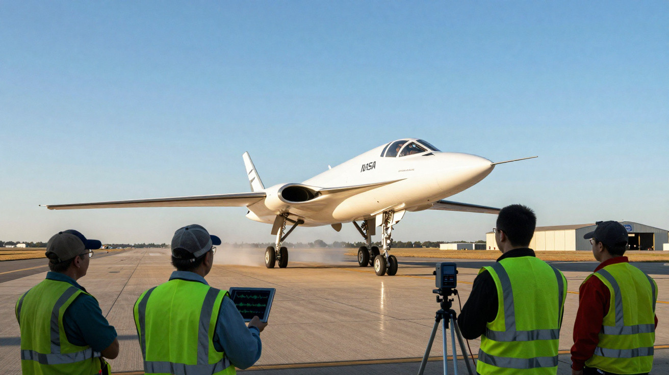 Avião futurista decolando com quatro técnicos de segurança com coletes verdes observando na pista.